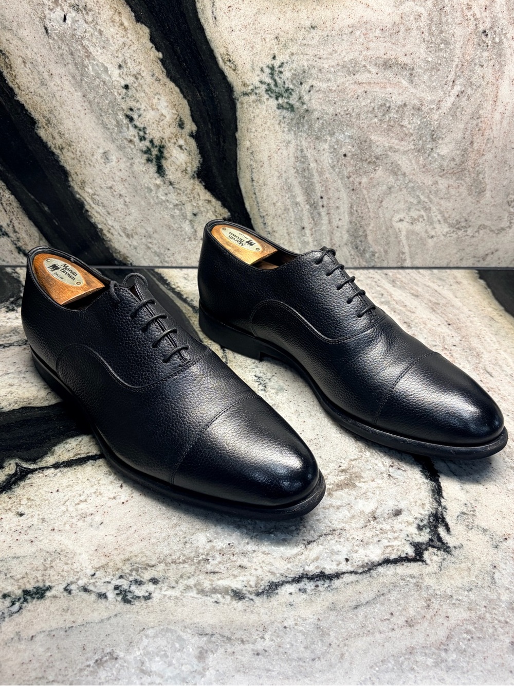 Santoni Darian Black Pebbled Leather Cap Toe Oxfords UK 8.5 US 9.5 Italy